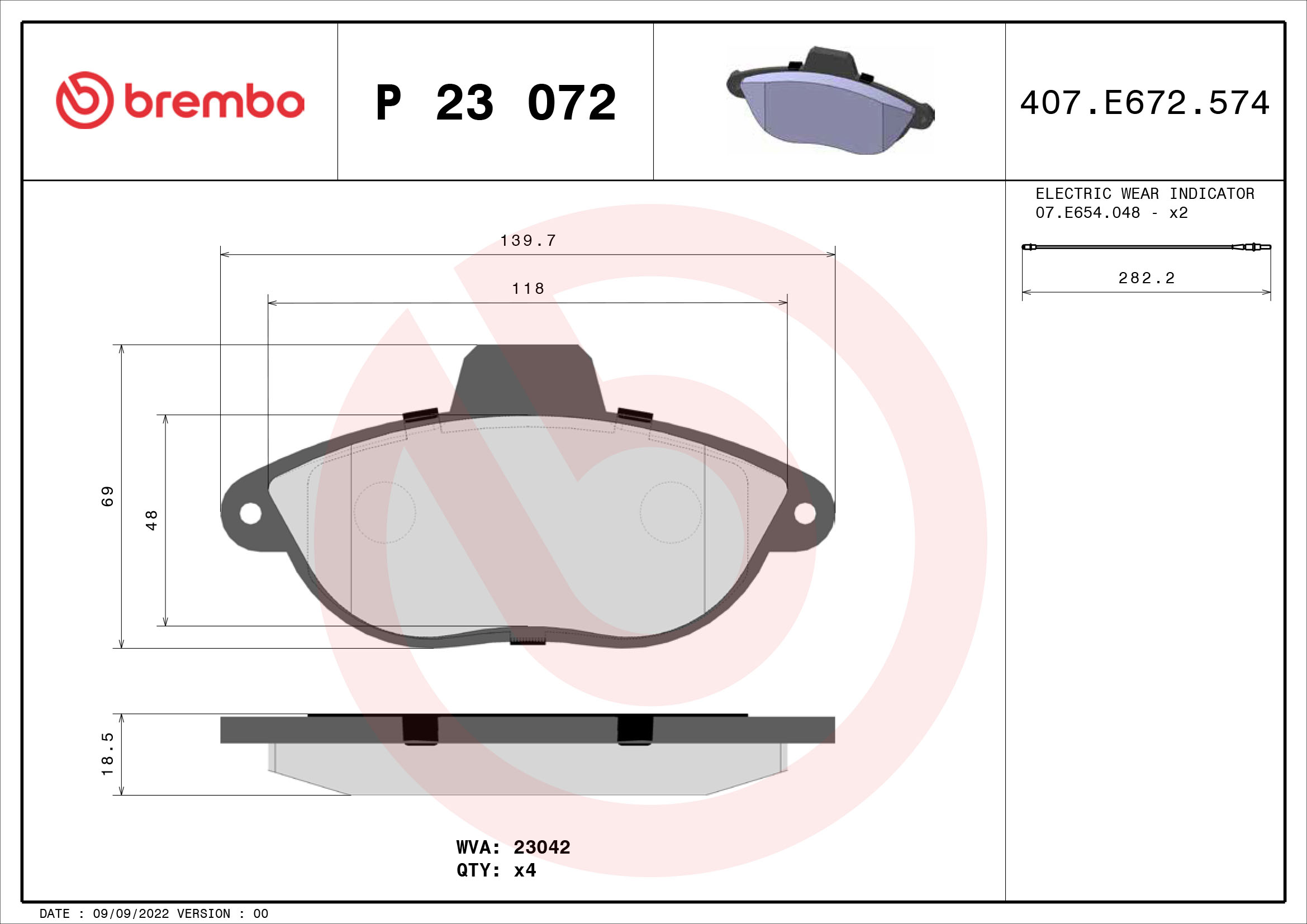 Jeu de 4 plaquettes de frein BREMBO ref. P 23 072