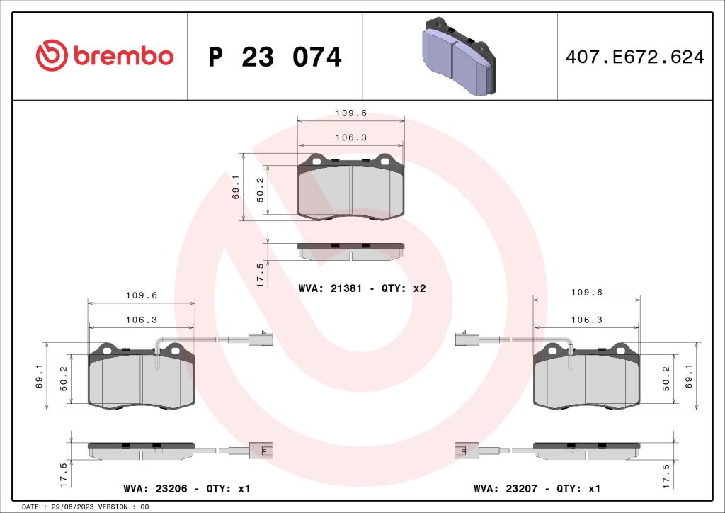 Jogo de 4 pastilhas de travão BREMBO ref. P 23 074