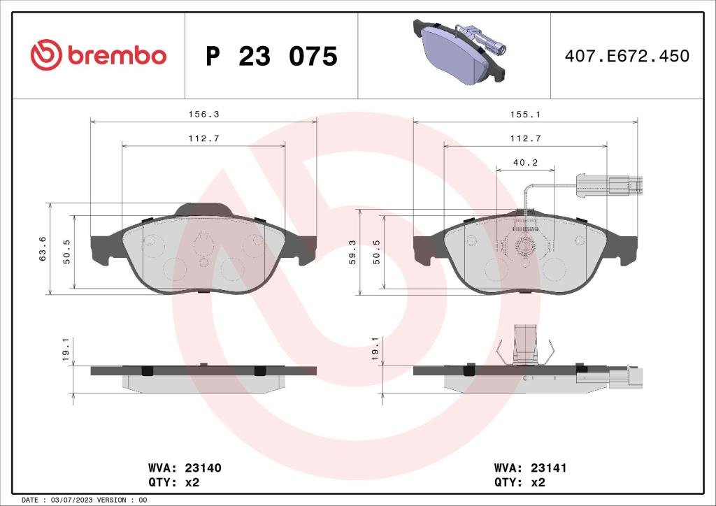 Jogo de 4 pastilhas de travão BREMBO ref. P 23 075