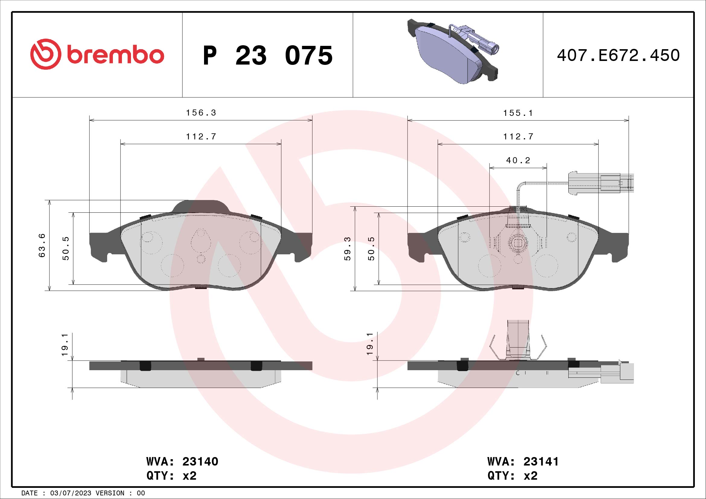 Jogo de 4 pastilhas de travão BREMBO ref. P 23 075