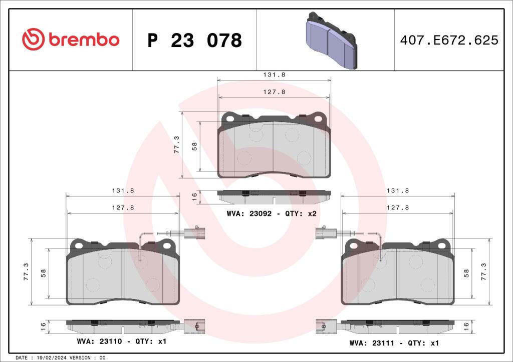 Jogo de 4 pastilhas de travão BREMBO ref. P 23 078