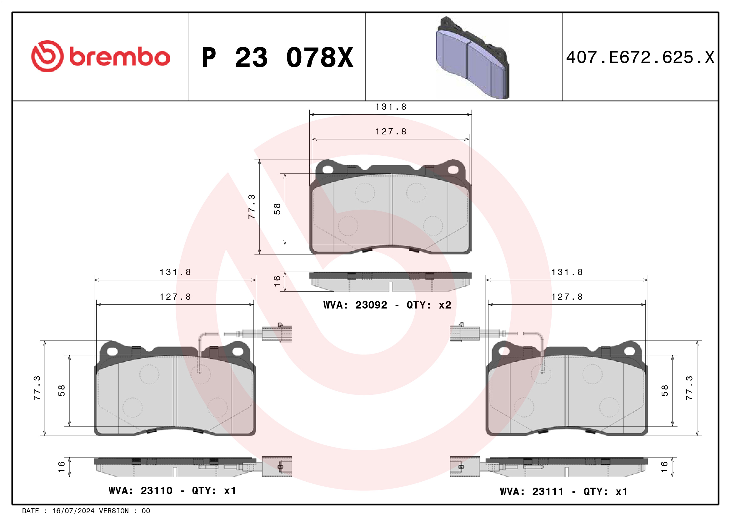 Jogo de 4 pastilhas de travão BREMBO ref. P 23 078X