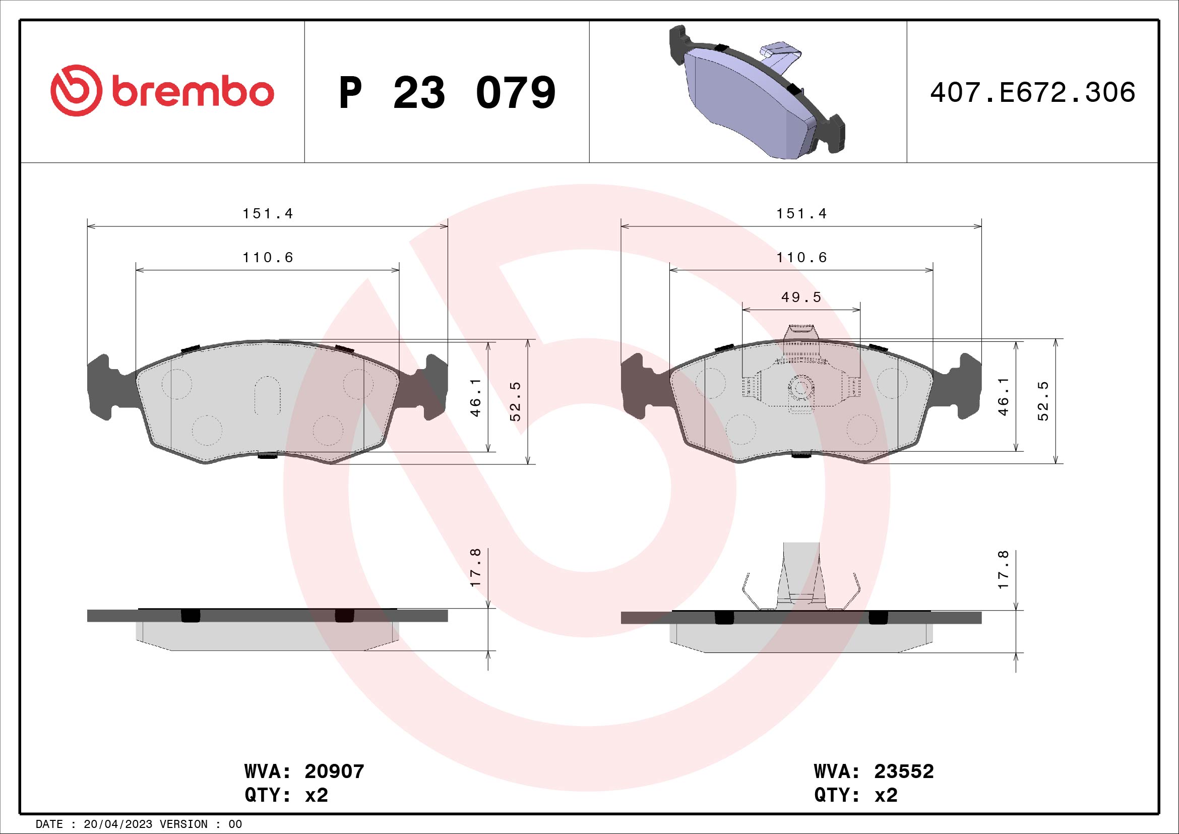 Jogo de 4 pastilhas de travão BREMBO ref. P 23 079
