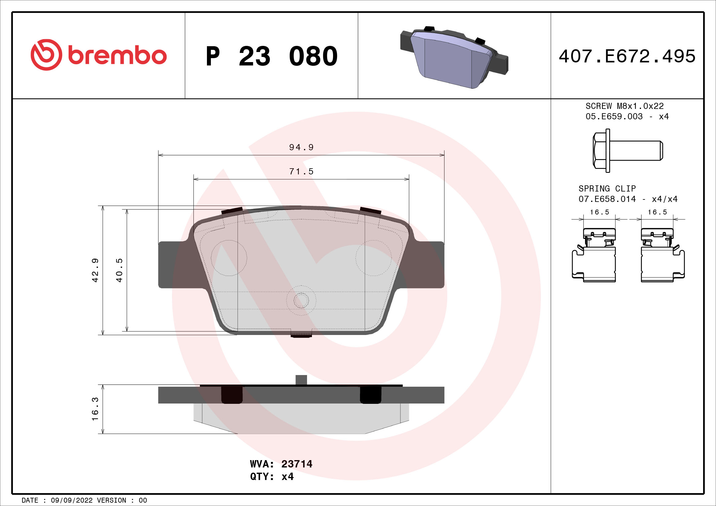 Jogo de 4 pastilhas de travão BREMBO ref. P 23 080