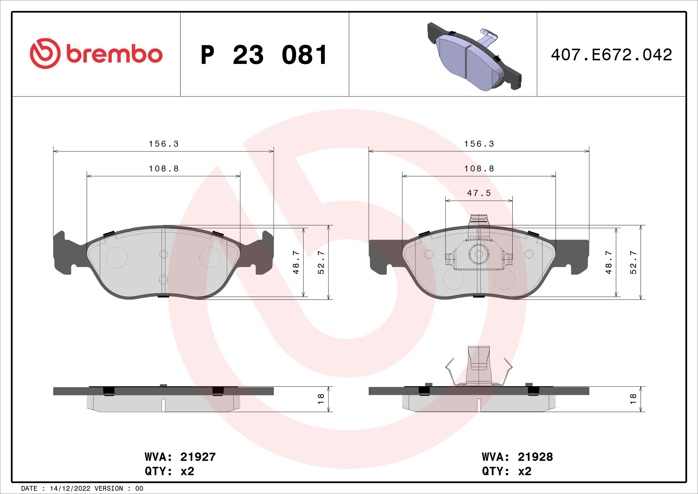 Jogo de 4 pastilhas de travão BREMBO ref. P 23 081