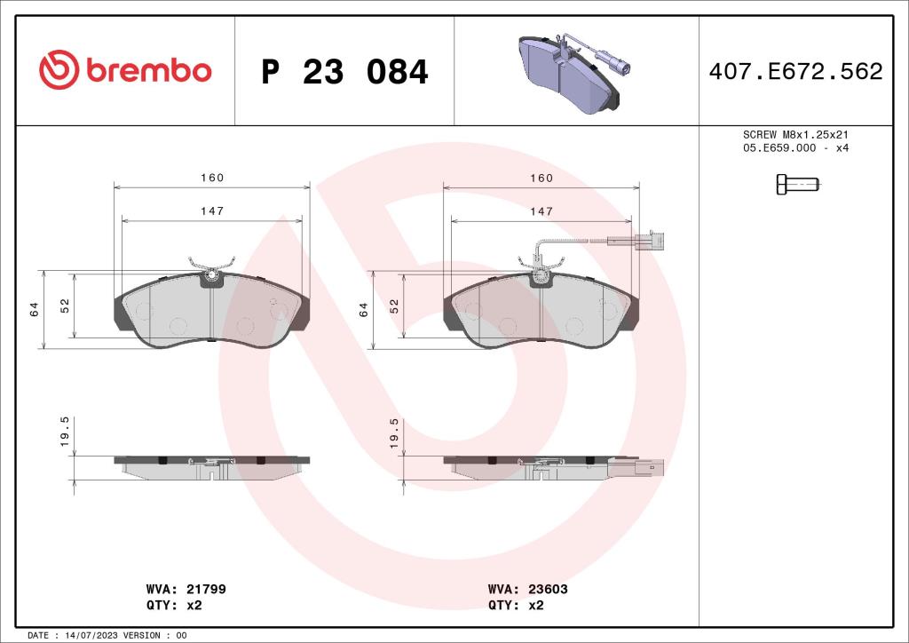 Jogo de 4 pastilhas de travão BREMBO ref. P 23 084