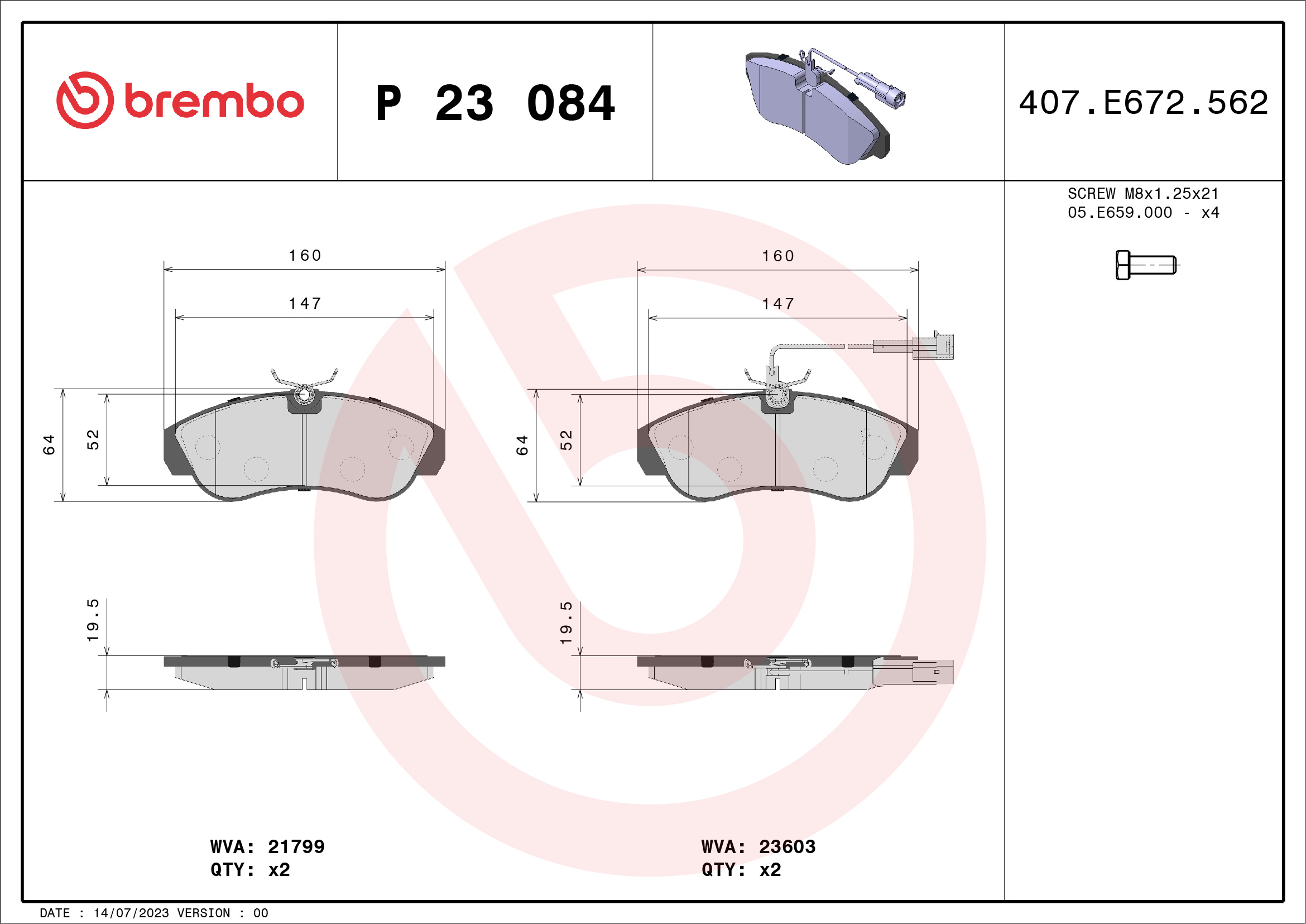Jogo de 4 pastilhas de travão BREMBO ref. P 23 084