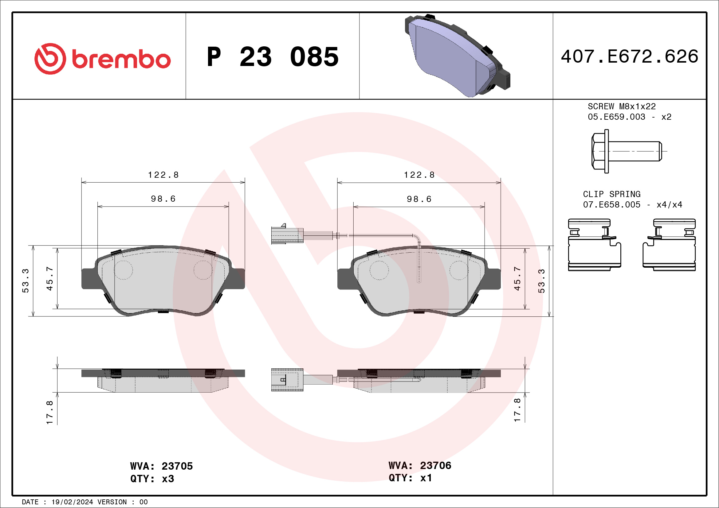 Jogo de 4 pastilhas de travão BREMBO ref. P 23 085