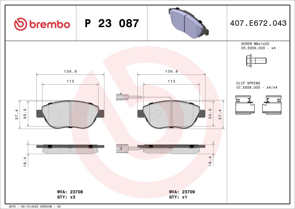 Jogo de 4 pastilhas de travão BREMBO ref. P 23 087