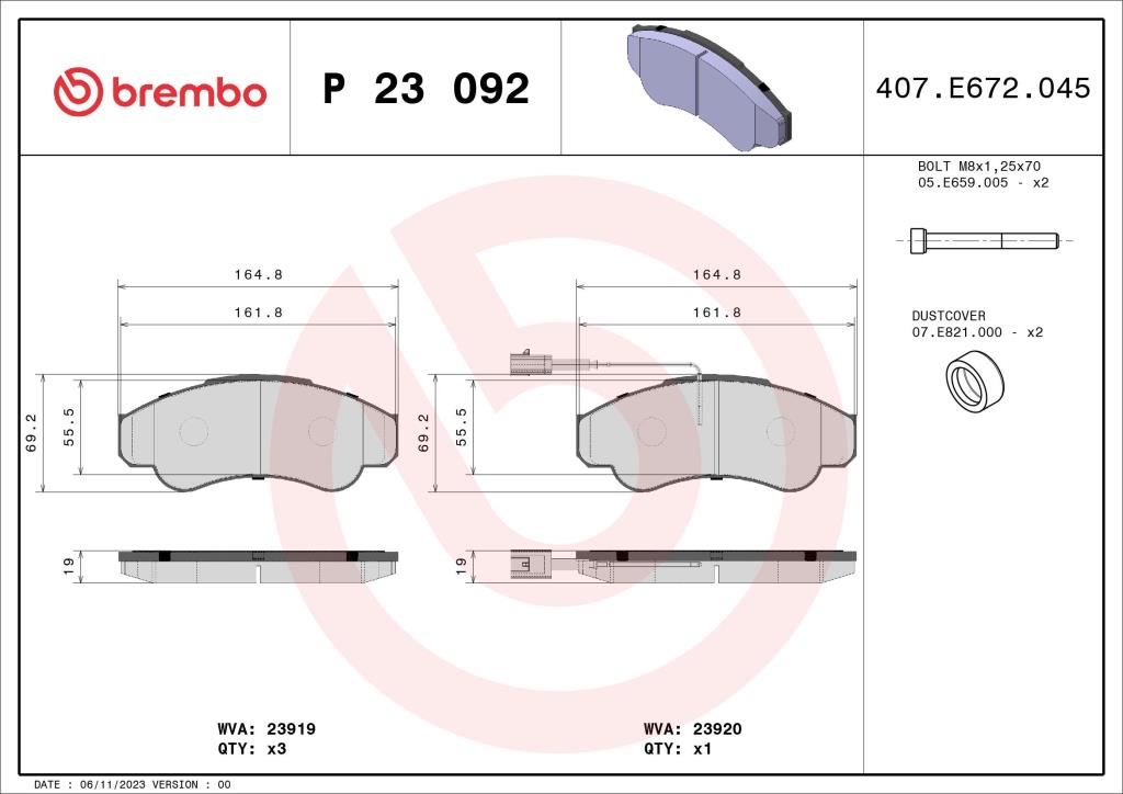 Jogo de 4 pastilhas de travão BREMBO ref. P 23 092