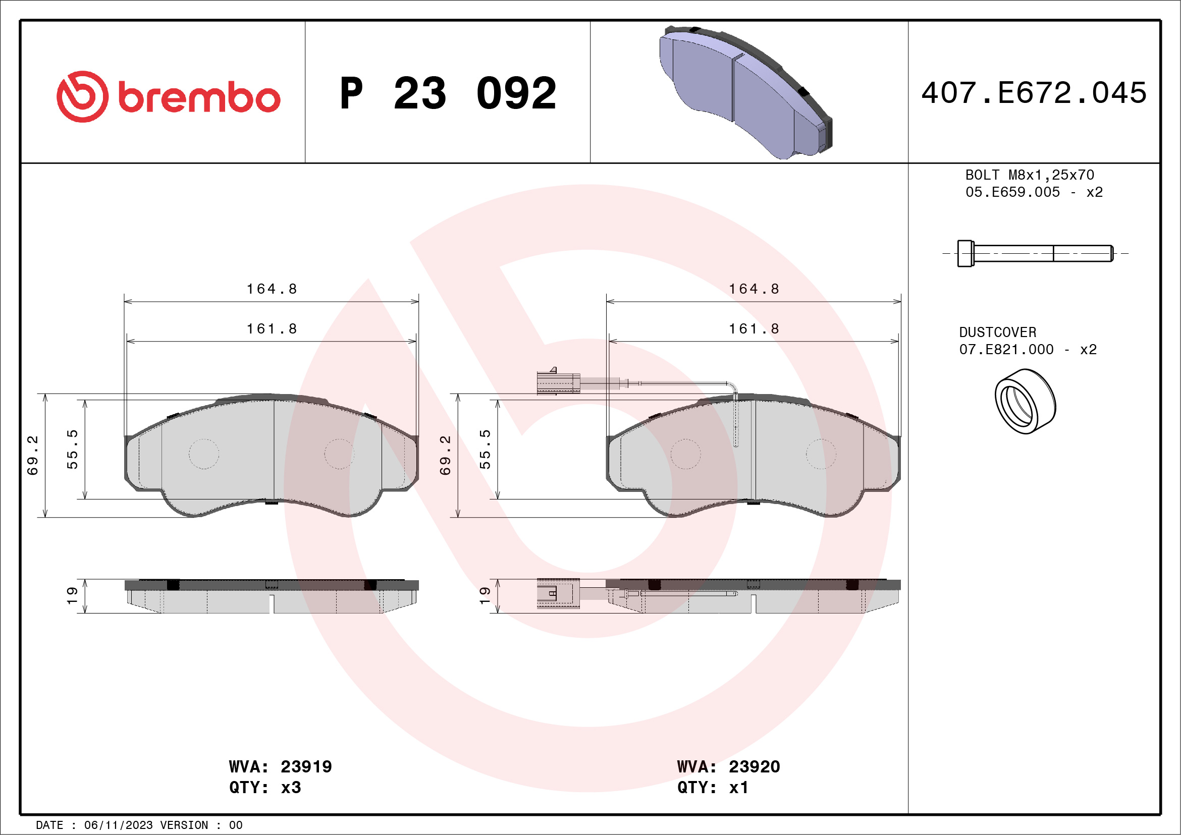 Jogo de 4 pastilhas de travão BREMBO ref. P 23 092