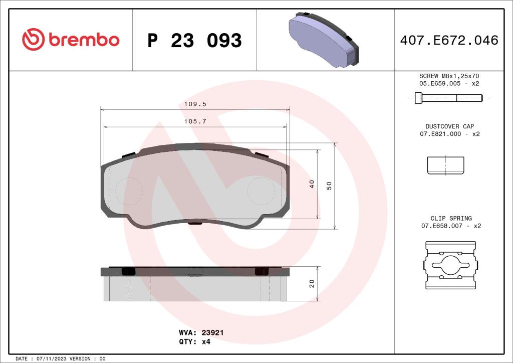 Jogo de 4 pastilhas de travão BREMBO ref. P 23 093