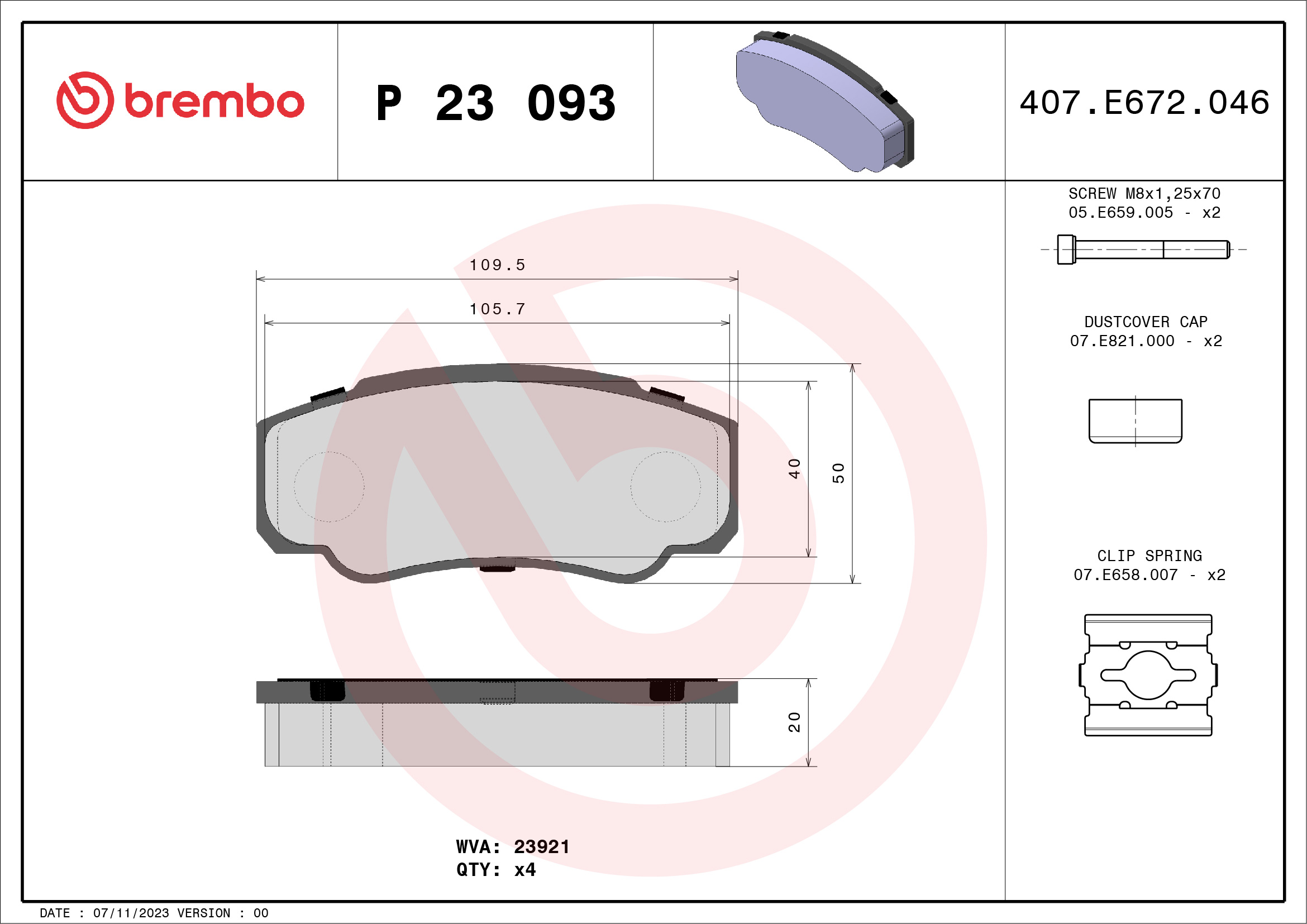 Jogo de 4 pastilhas de travão BREMBO ref. P 23 093