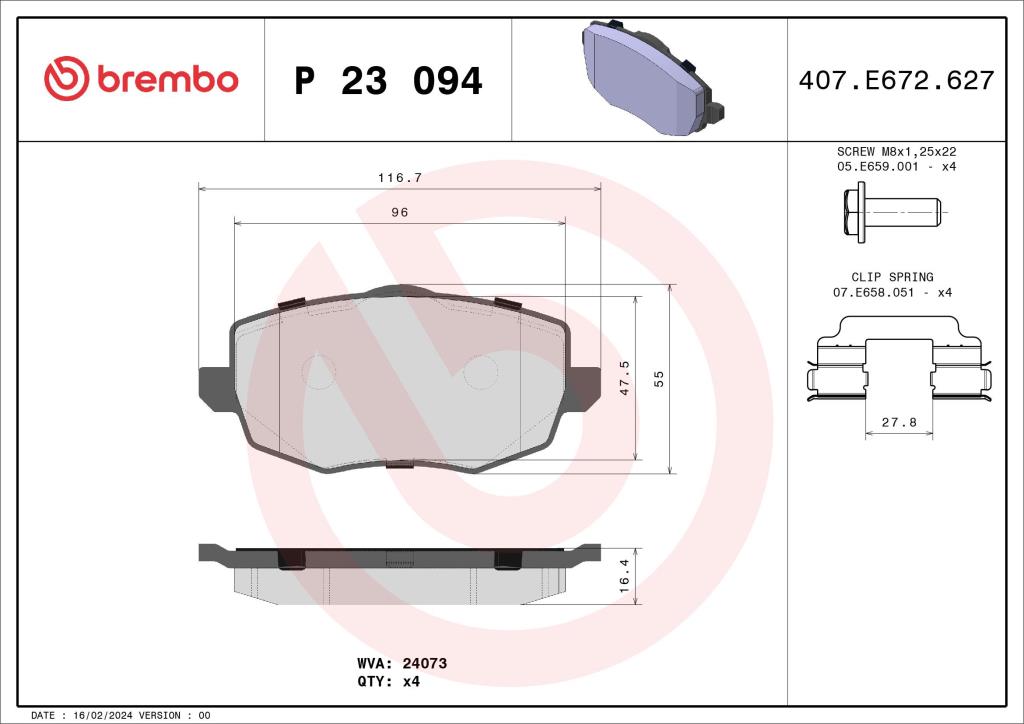 Jogo de 4 pastilhas de travão BREMBO ref. P 23 094