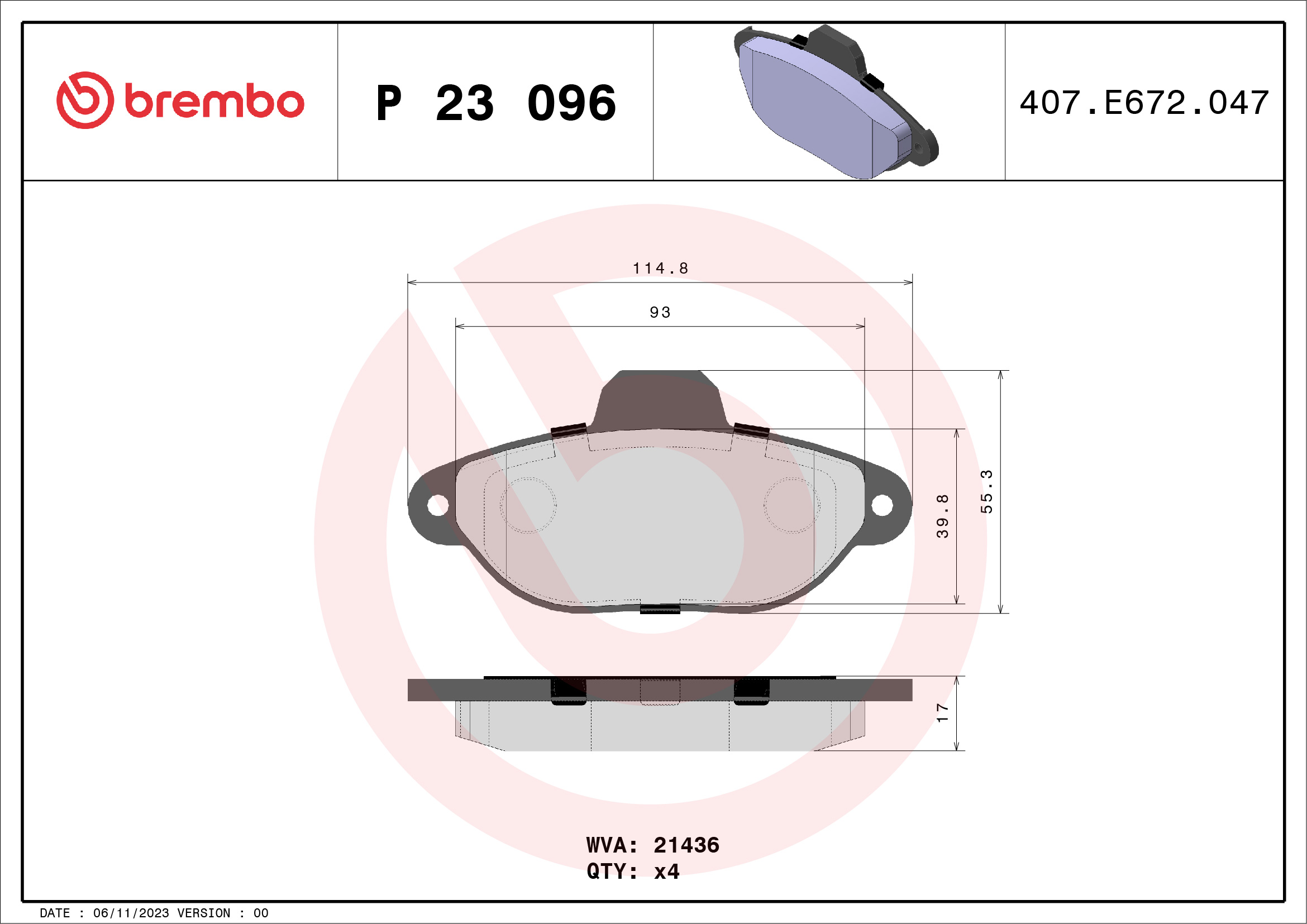 Jeu de 4 plaquettes de frein BREMBO ref. P 23 096