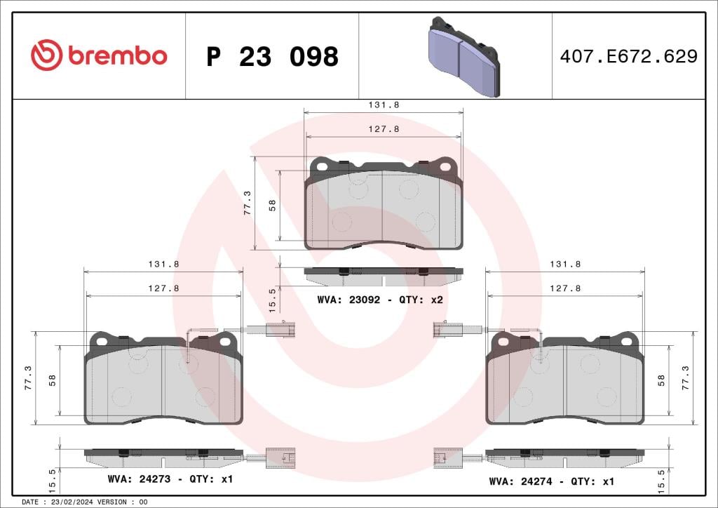Jogo de 4 pastilhas de travão BREMBO ref. P 23 098
