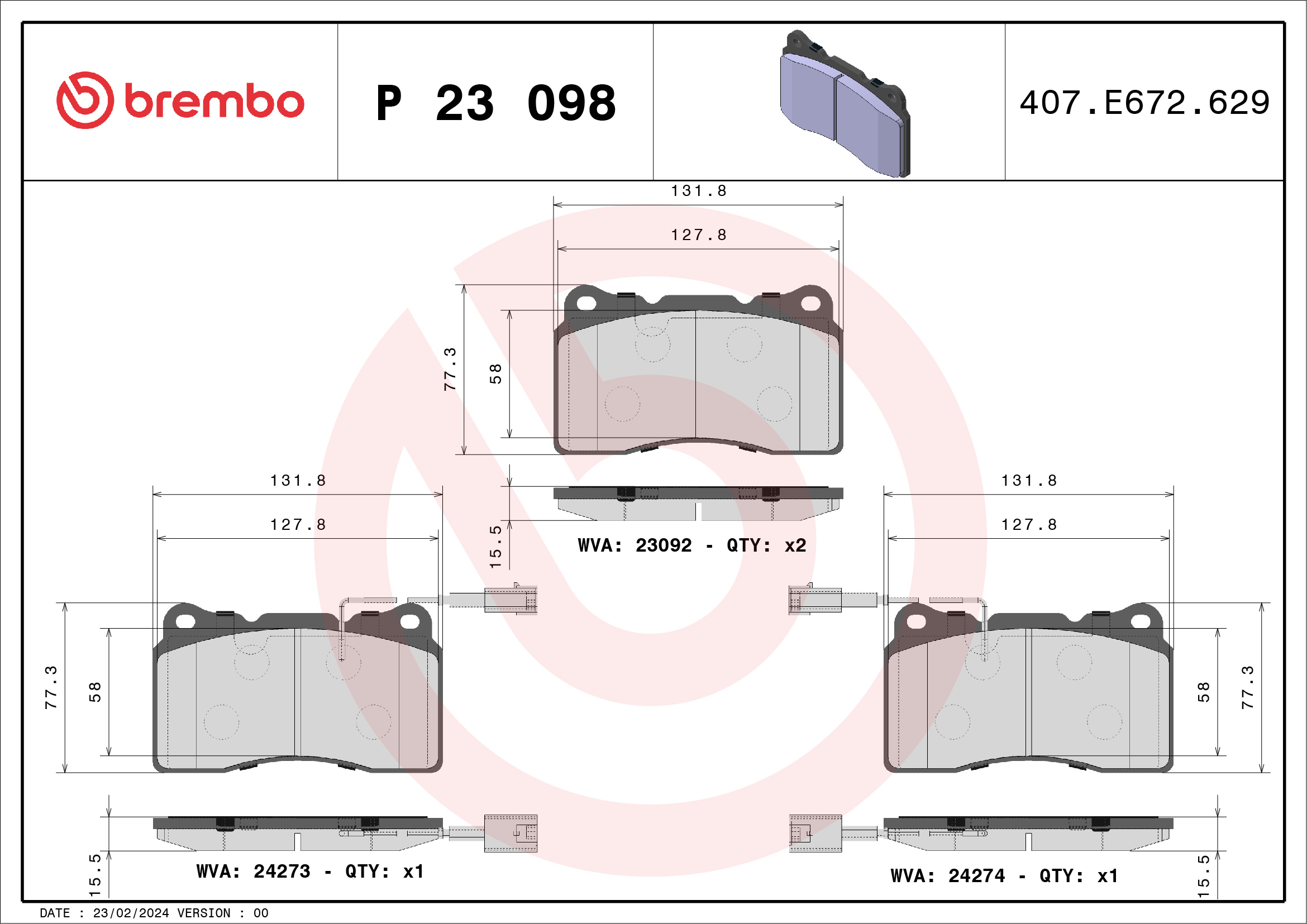 Jogo de 4 pastilhas de travão BREMBO ref. P 23 098