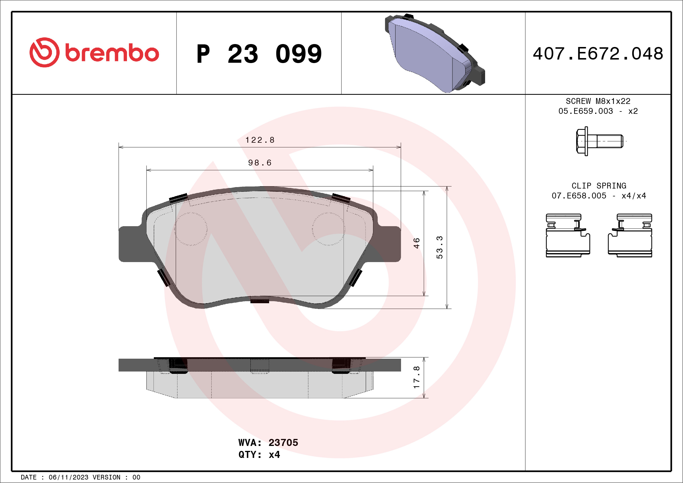 Jeu de 4 plaquettes de frein BREMBO ref. P 23 099