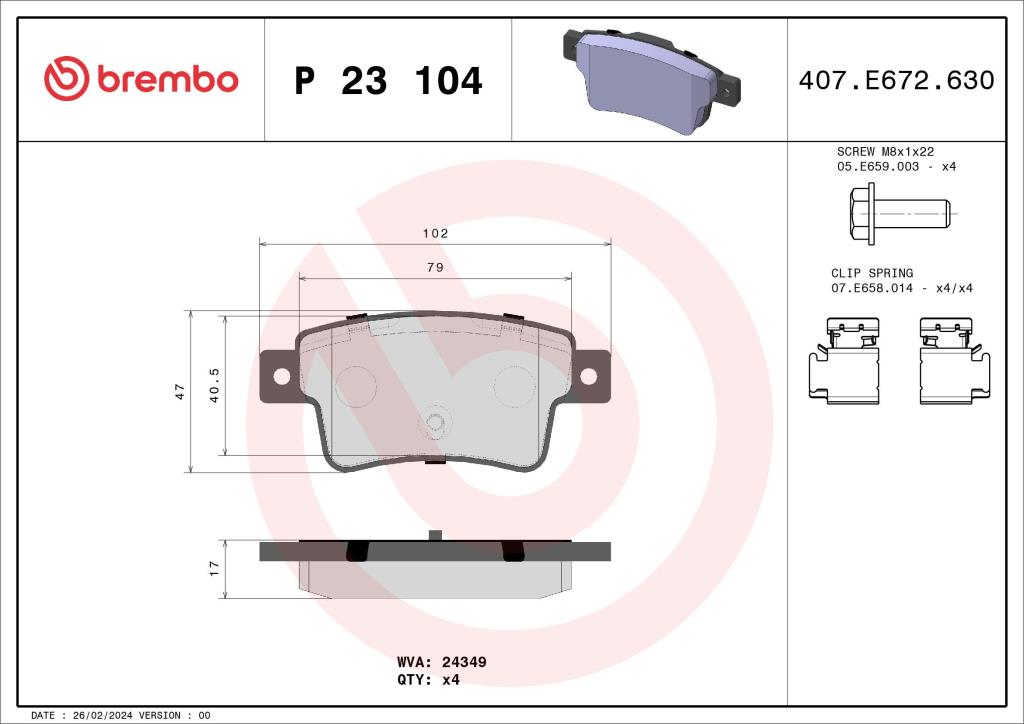 Jogo de 4 pastilhas de travão BREMBO ref. P 23 104