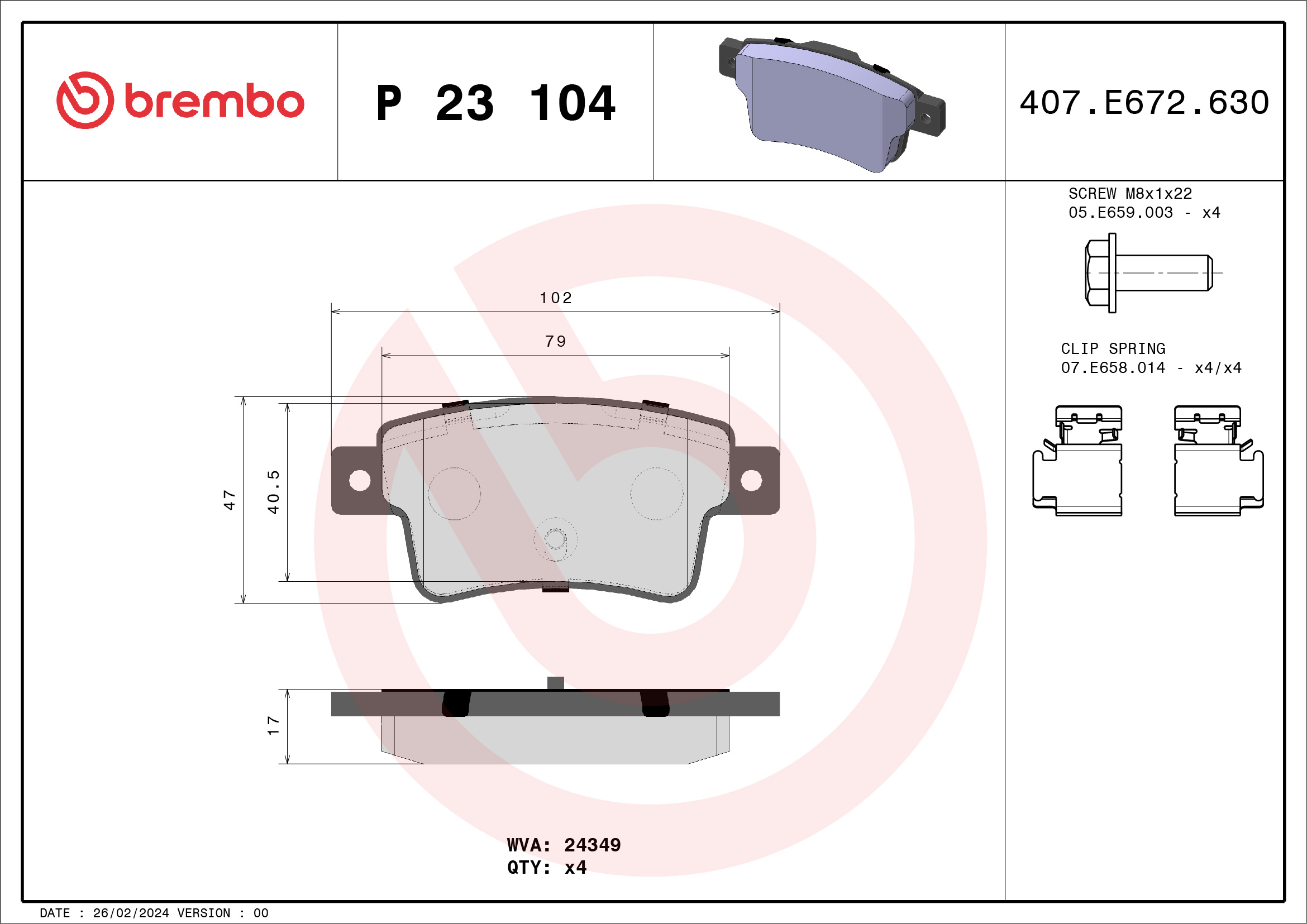 Jogo de 4 pastilhas de travão BREMBO ref. P 23 104