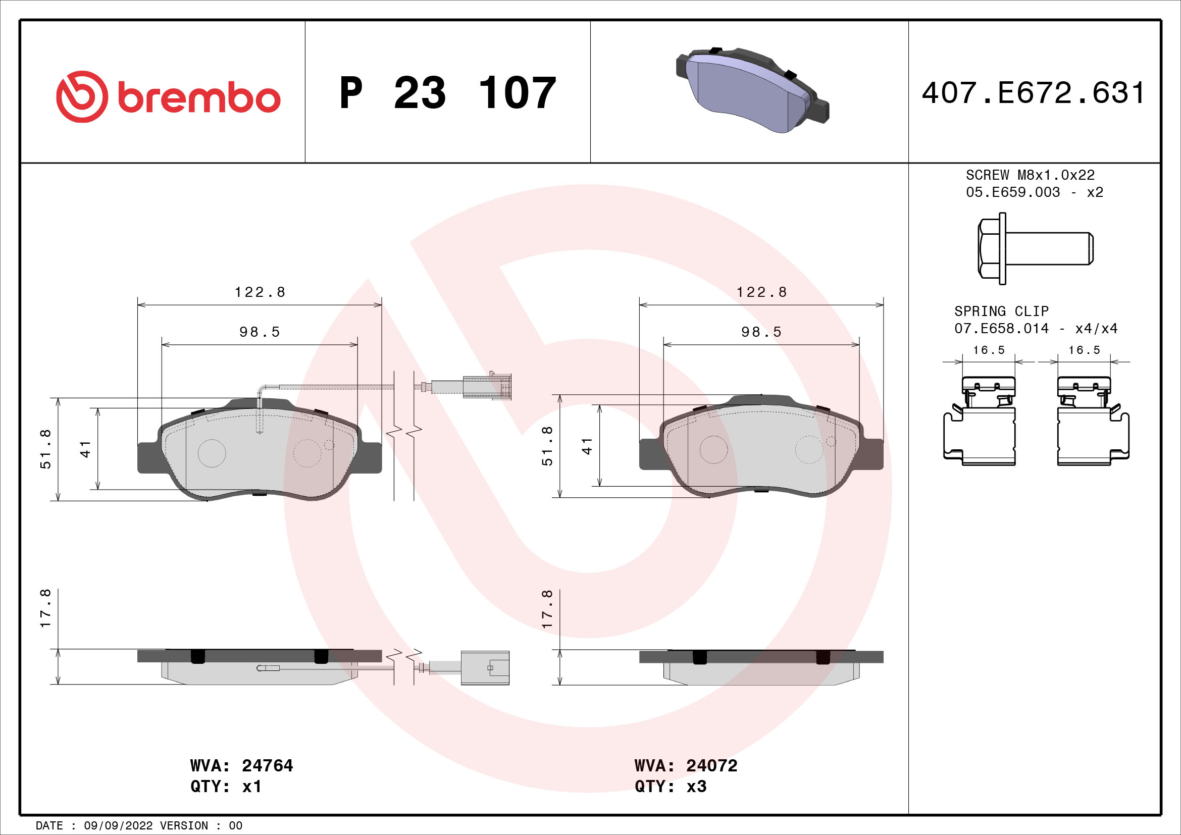 Jeu de 4 plaquettes de frein BREMBO ref. P 23 107