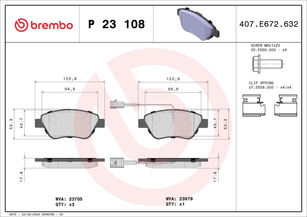 Jogo de 4 pastilhas de travão BREMBO ref. P 23 108