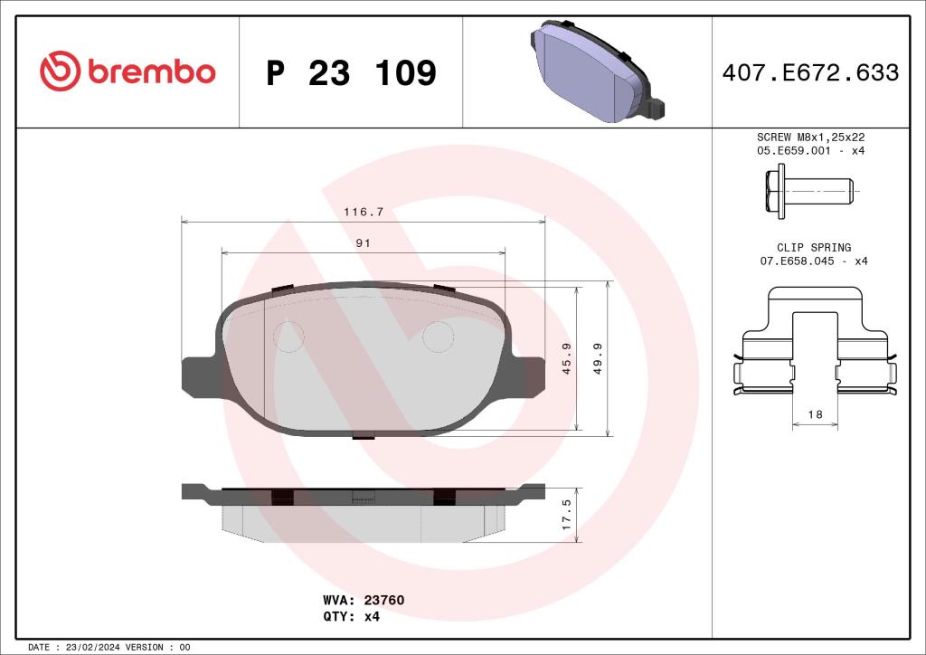 Jeu de 4 plaquettes de frein BREMBO ref. P 23 109
