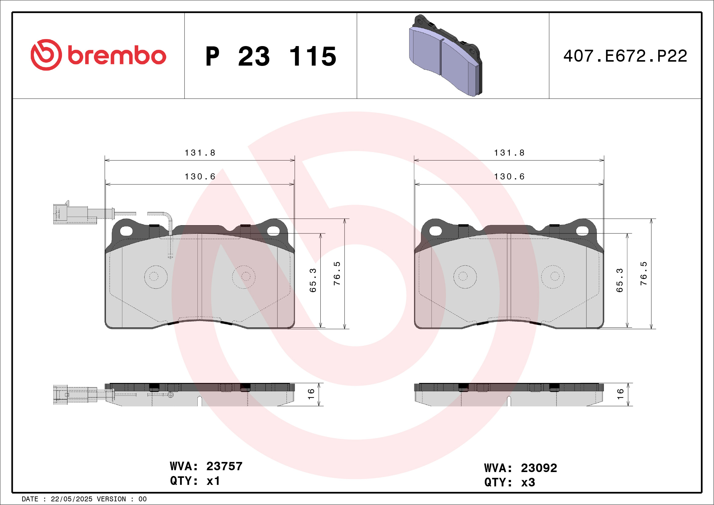 Jogo de 4 pastilhas de travão BREMBO ref. P 23 115