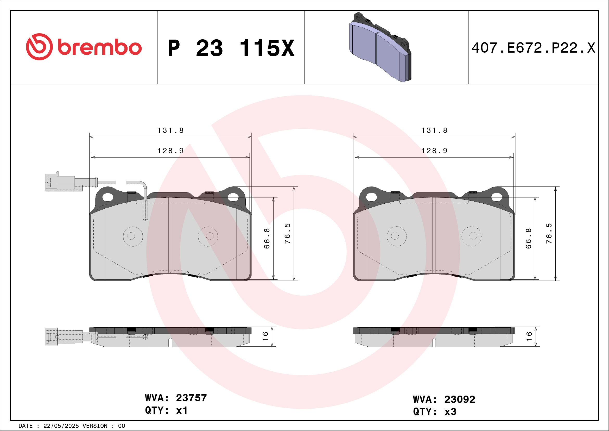 Jogo de 4 pastilhas de travão BREMBO ref. P 23 115X