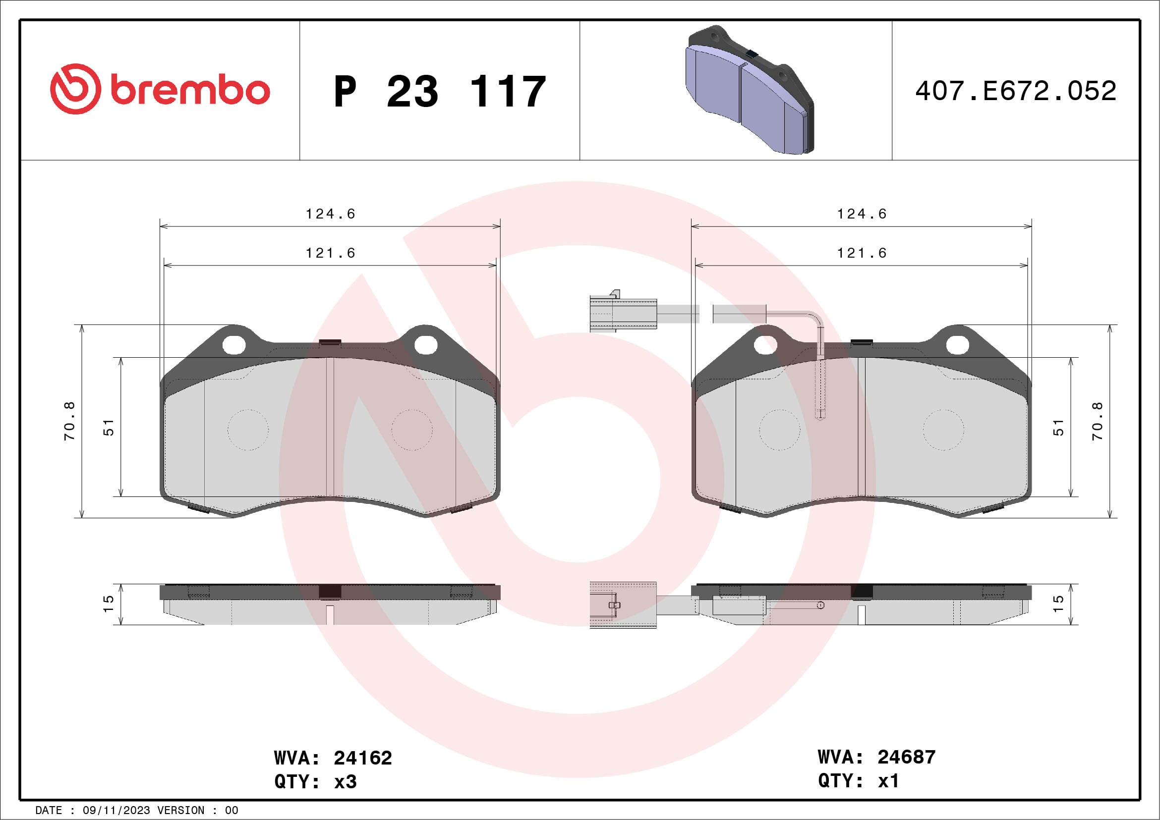 Jogo de 4 pastilhas de travão BREMBO ref. P 23 117