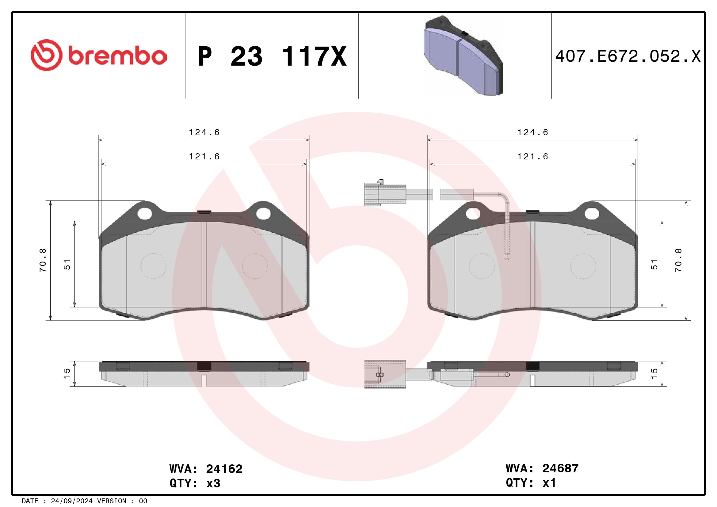 Jogo de 4 pastilhas de travão BREMBO ref. P 23 117X