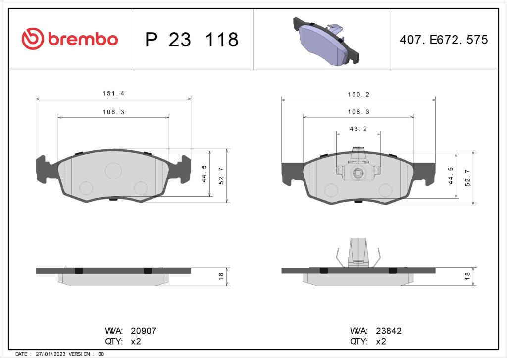 Jogo de 4 pastilhas de travão BREMBO ref. P 23 118