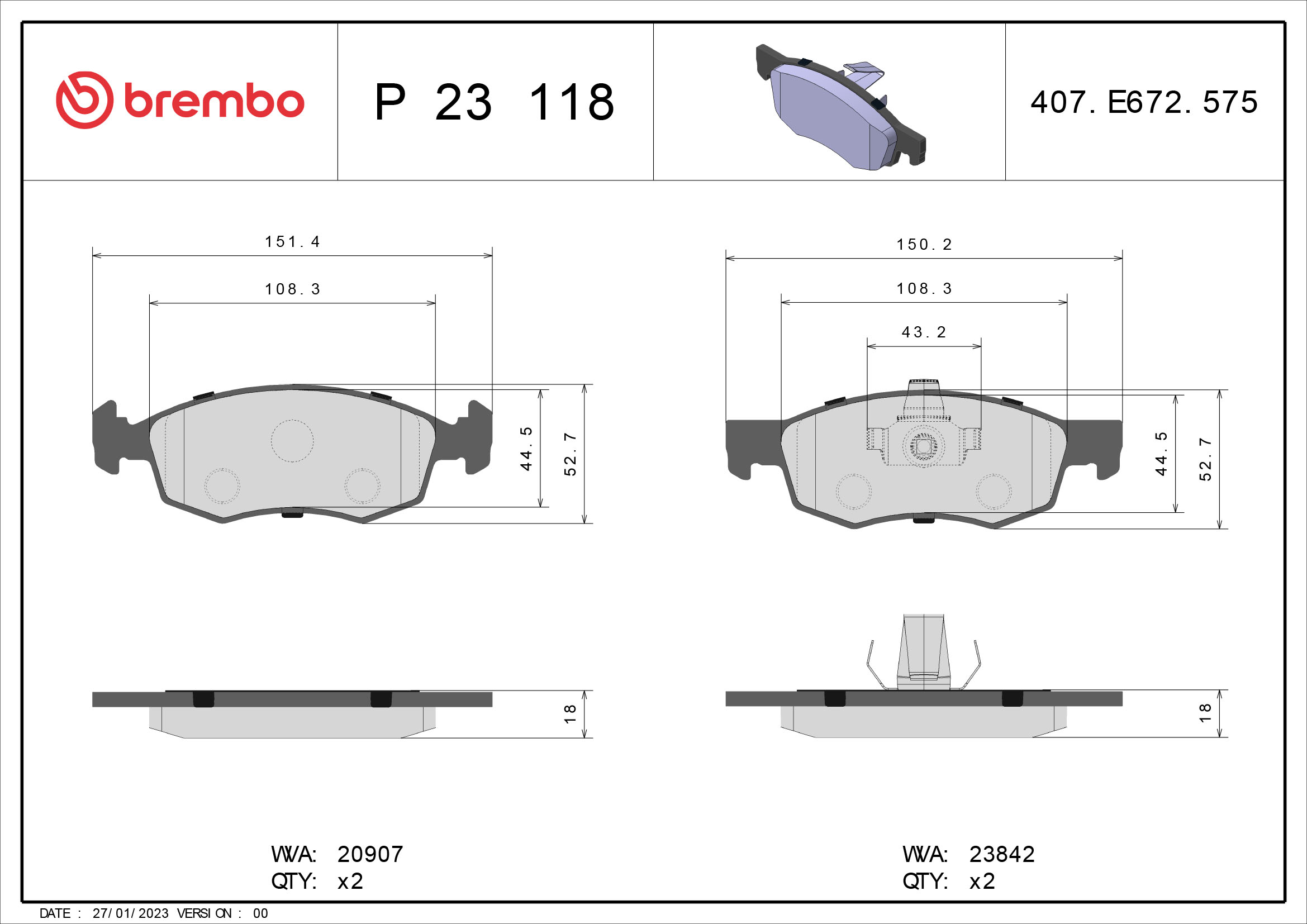 Jogo de 4 pastilhas de travão BREMBO ref. P 23 118