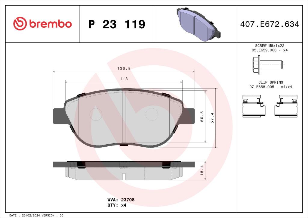 Jeu de 4 plaquettes de frein BREMBO ref. P 23 119