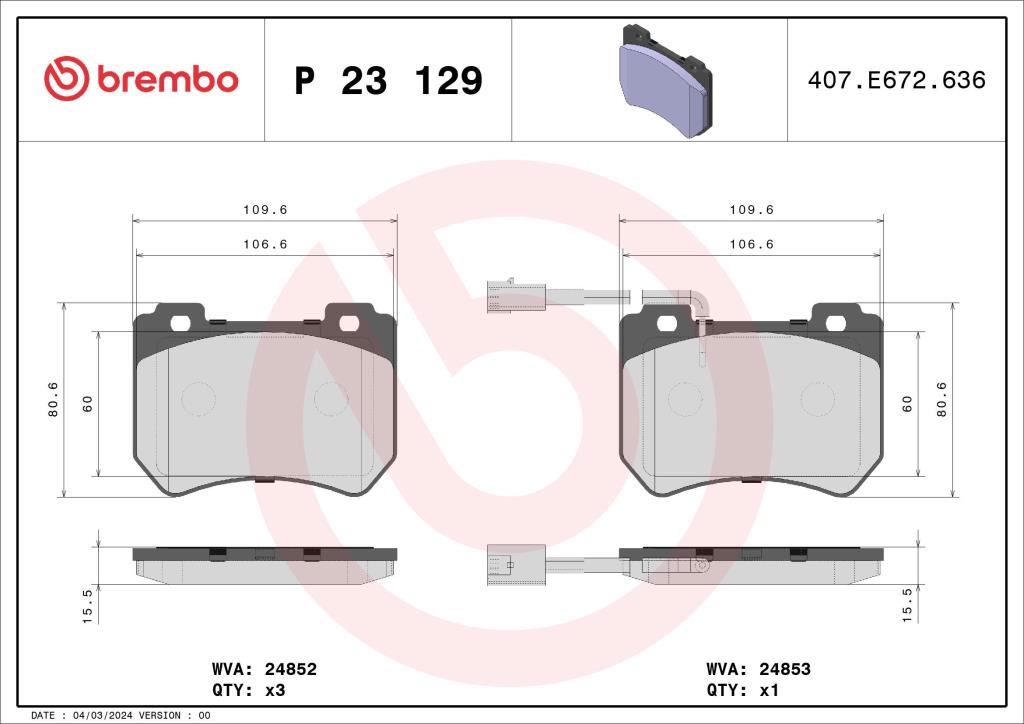 Jogo de 4 pastilhas de travão BREMBO ref. P 23 129