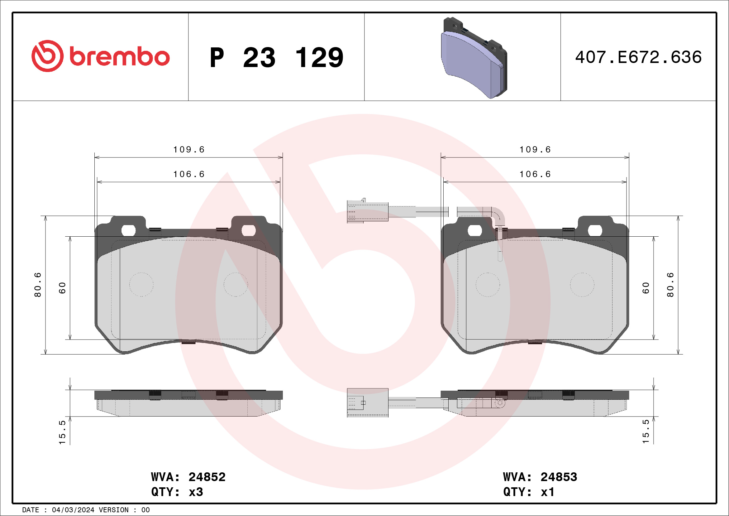 Jogo de 4 pastilhas de travão BREMBO ref. P 23 129