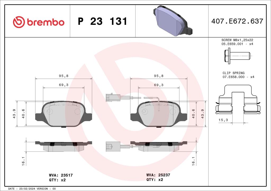 Jogo de 4 pastilhas de travão BREMBO ref. P 23 131