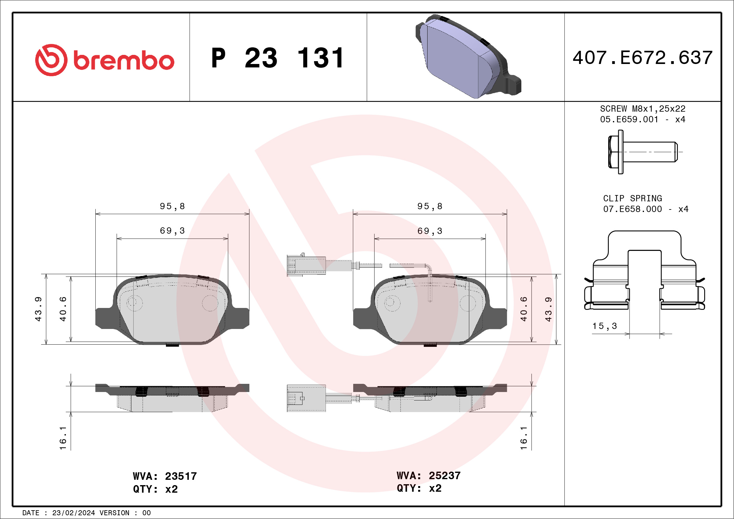 Jogo de 4 pastilhas de travão BREMBO ref. P 23 131