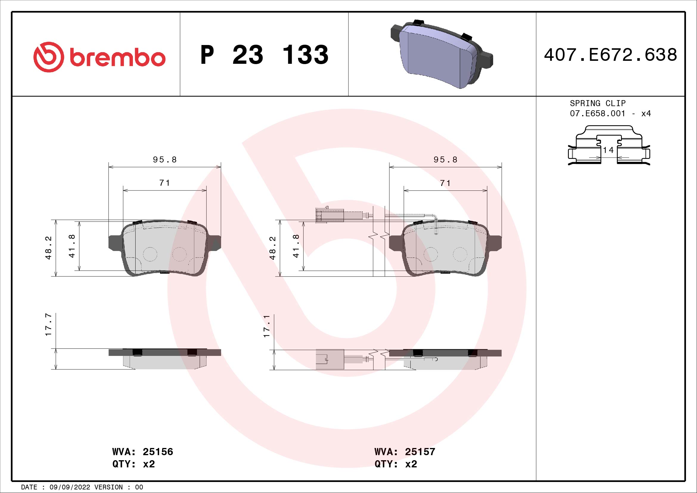 Jeu de 4 plaquettes de frein BREMBO ref. P 23 133