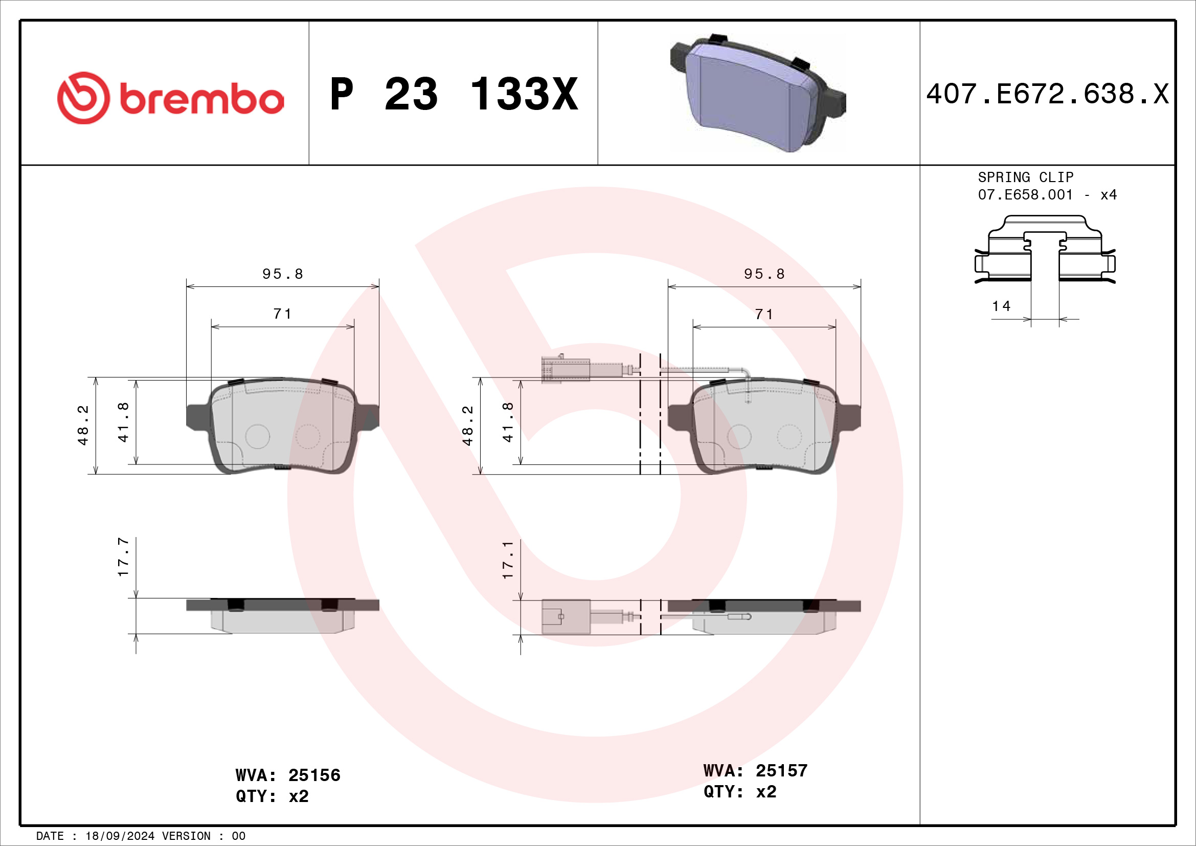 Jogo de 4 pastilhas de travão BREMBO ref. P 23 133X