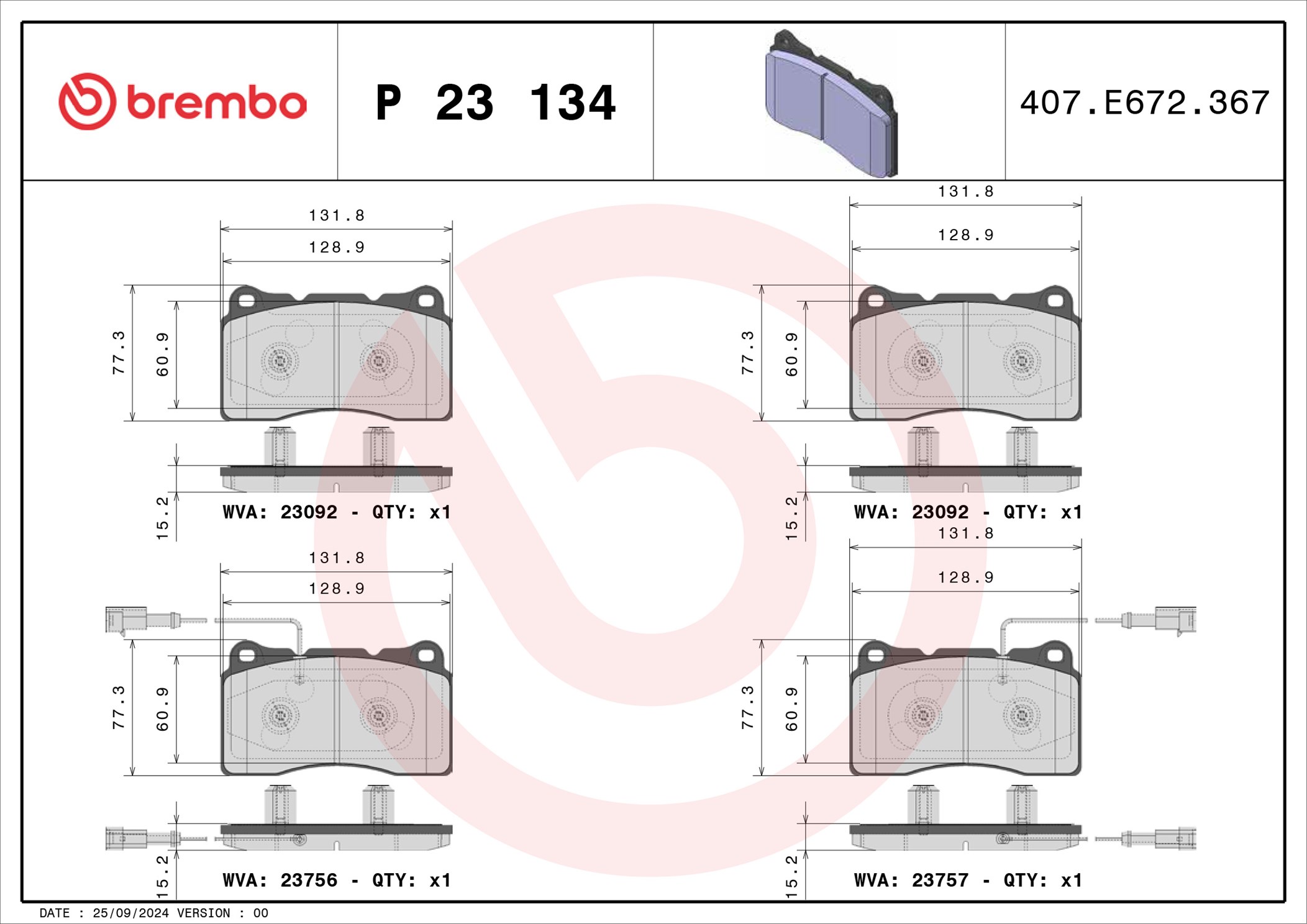 Jogo de 4 pastilhas de travão BREMBO ref. P 23 134