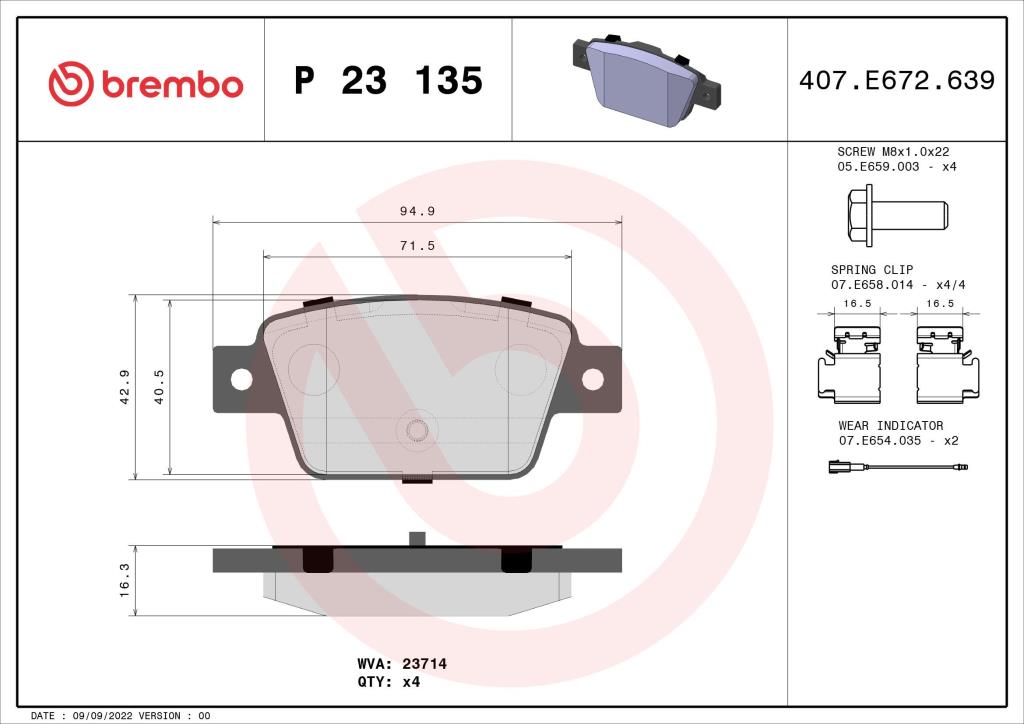 Jogo de 4 pastilhas de travão BREMBO ref. P 23 135