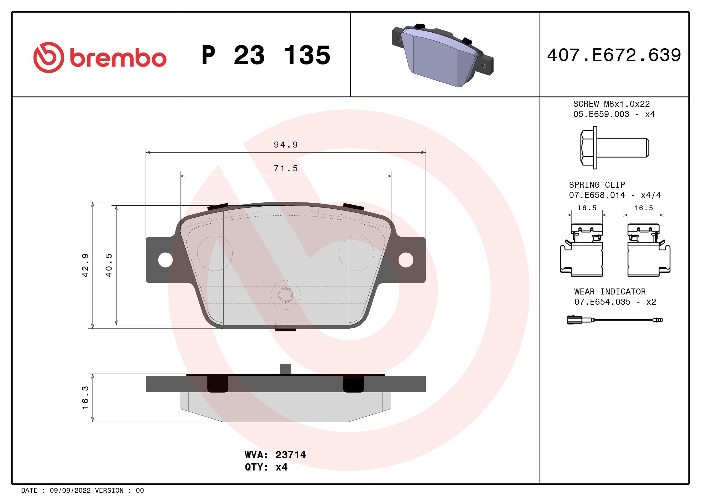 Jogo de 4 pastilhas de travão BREMBO ref. P 23 135