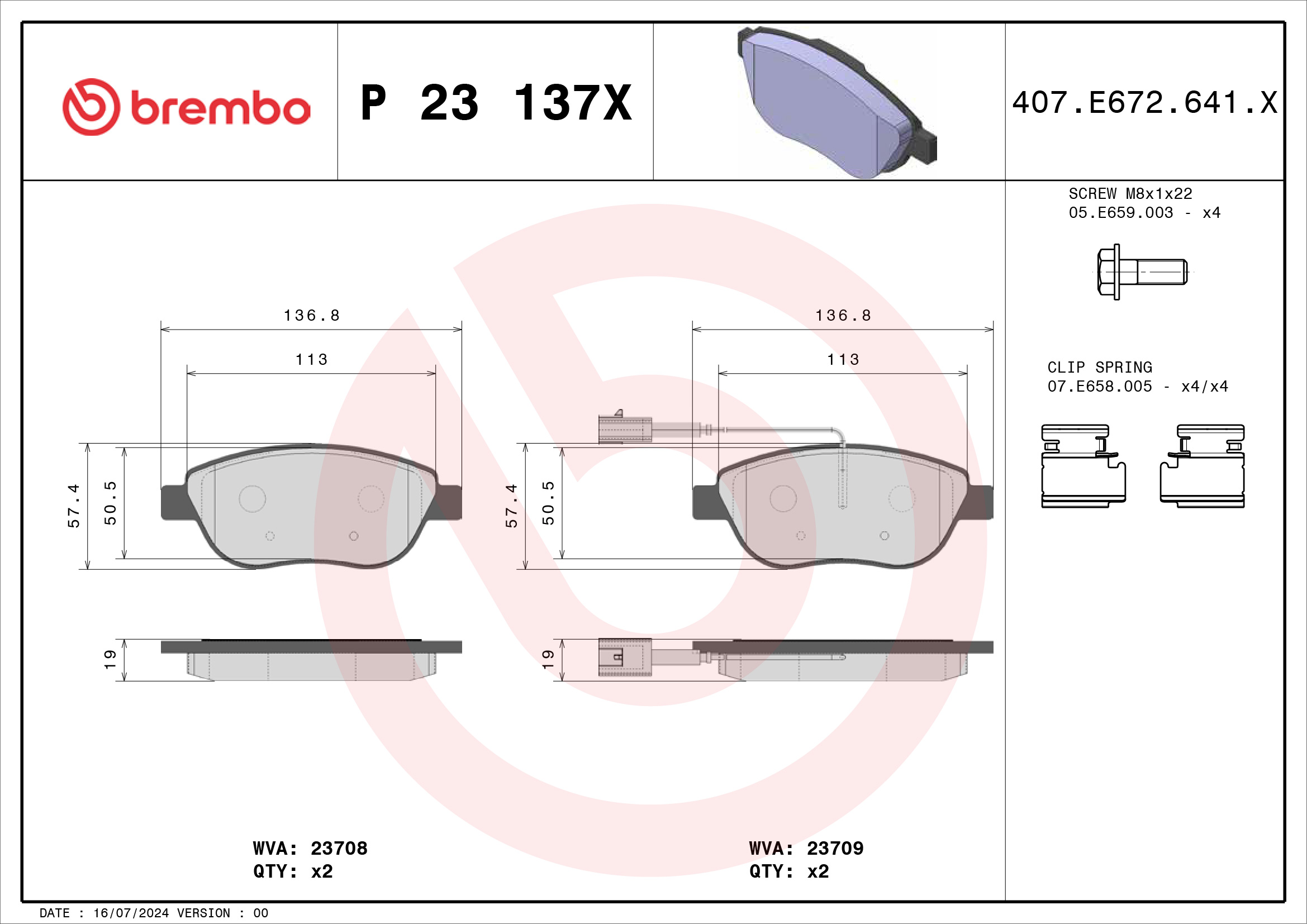 Jogo de 4 pastilhas de travão BREMBO ref. P 23 137X