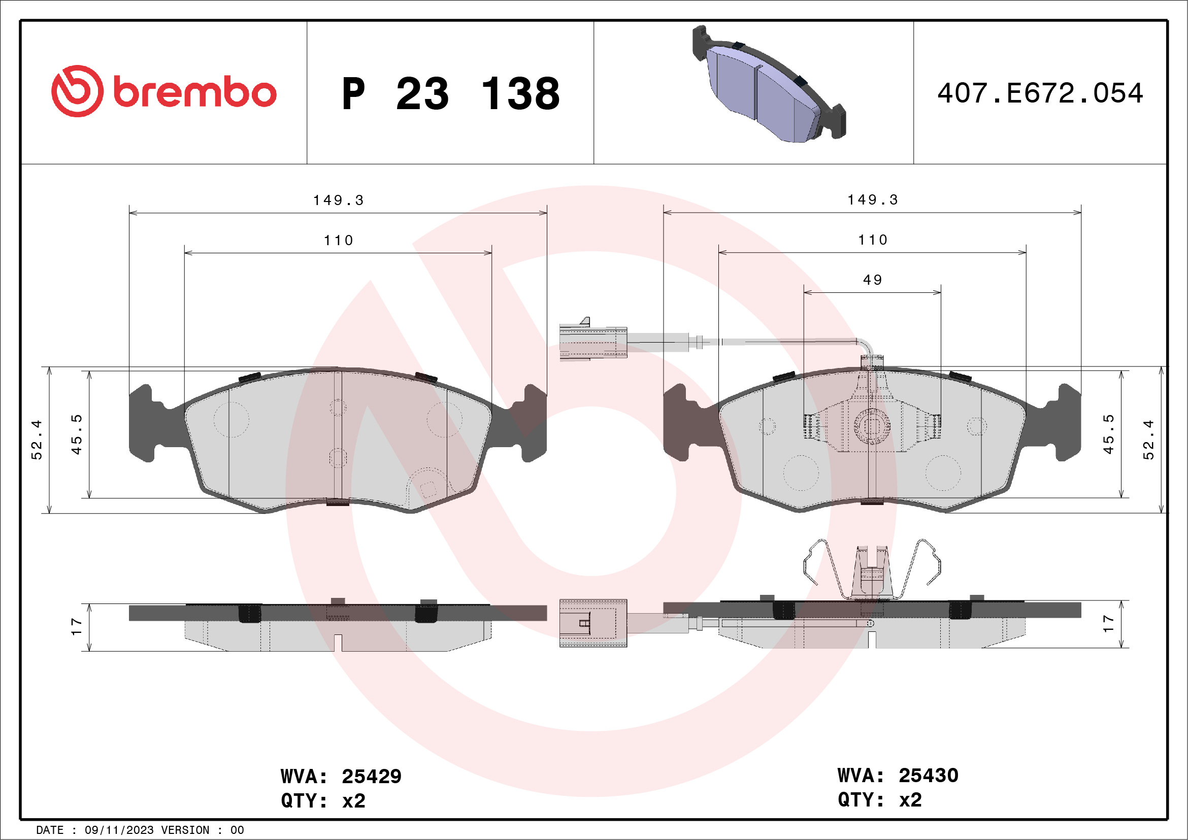Jogo de 4 pastilhas de travão BREMBO ref. P 23 138