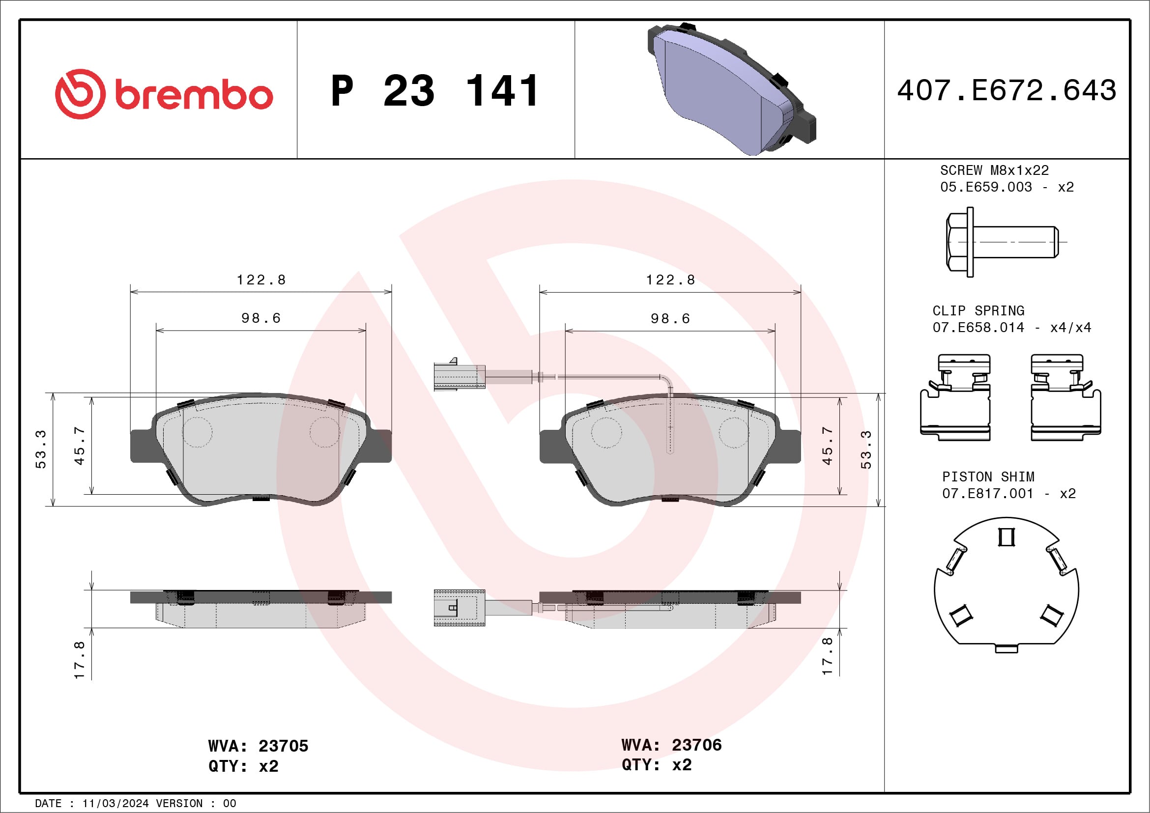 Jogo de 4 pastilhas de travão BREMBO ref. P 23 141