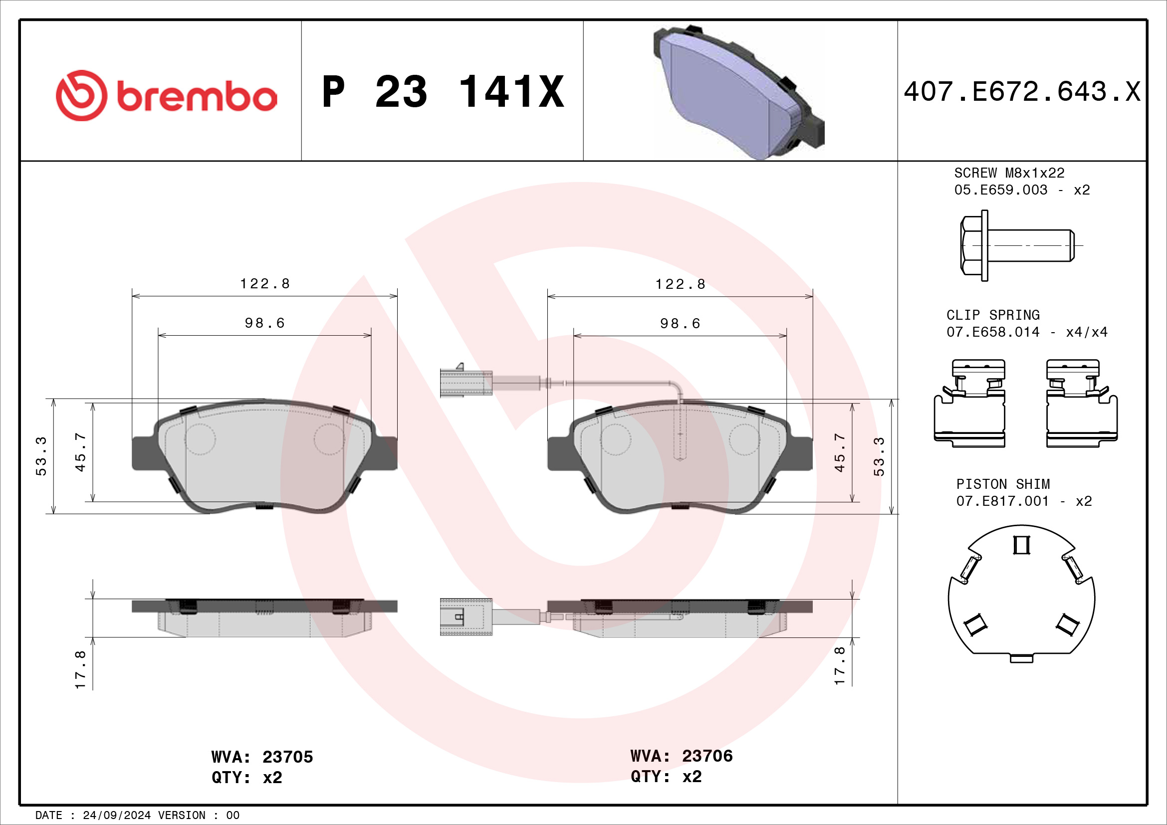 Jogo de 4 pastilhas de travão BREMBO ref. P 23 141X