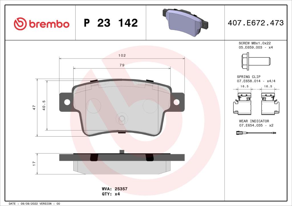 Jogo de 4 pastilhas de travão BREMBO ref. P 23 142