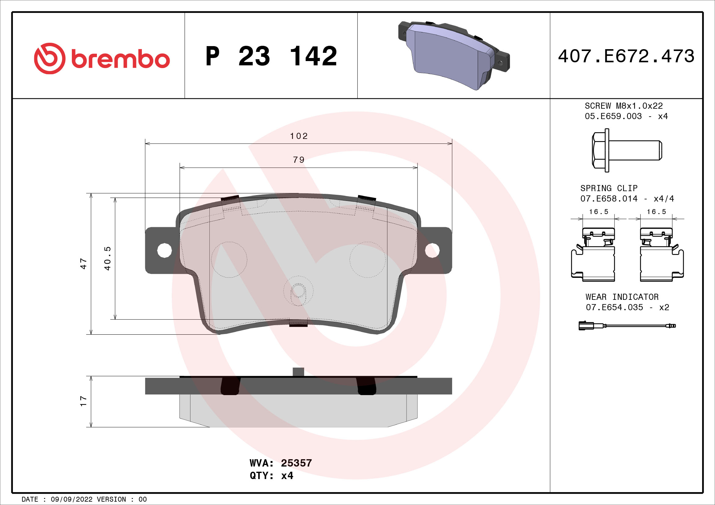 Jogo de 4 pastilhas de travão BREMBO ref. P 23 142