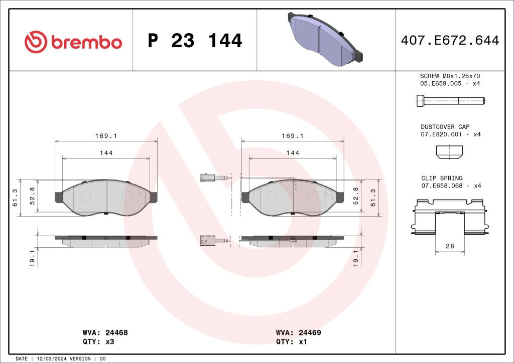 Jogo de 4 pastilhas de travão BREMBO ref. P 23 144